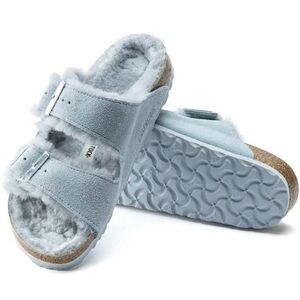 Birkenstock Shearling Arizona Sandals Suede Blue Slides